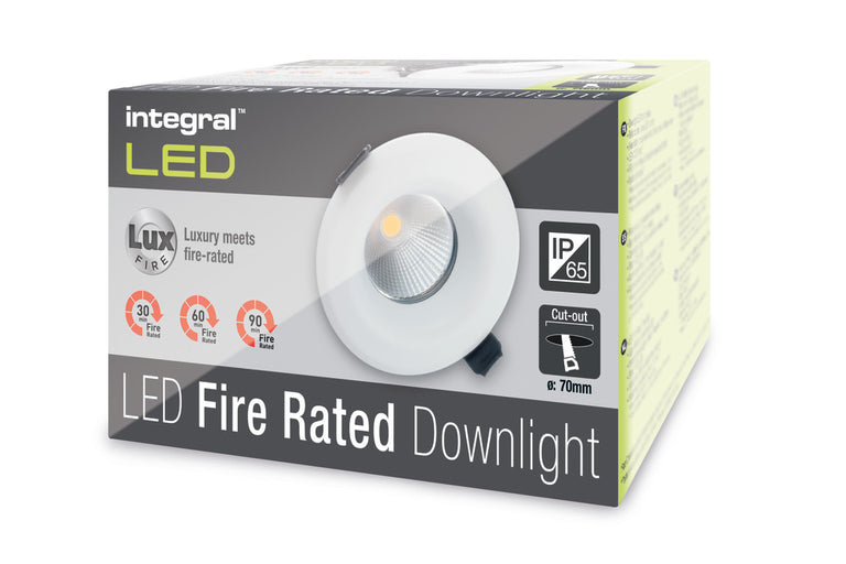 LUXFIRE FIRE RATED DOWNLIGHT 70MM CUTOUT IP65 700LM 9W 3000K 36 BEAM DIMMABLE 78LM/W WHITE