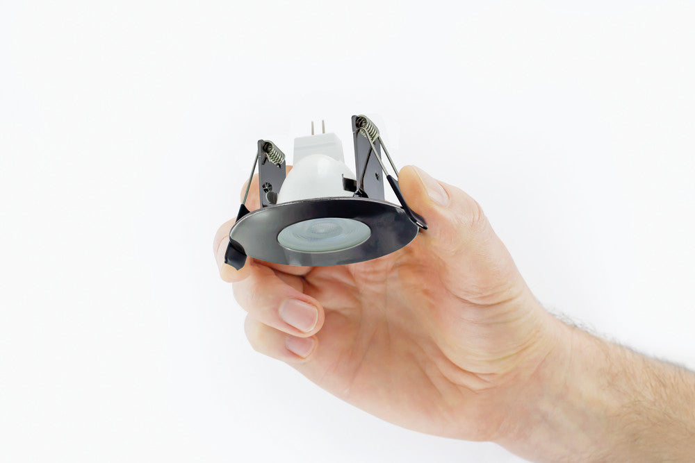 EVOFIRE MINI FIRE RATED DOWNLIGHT 45MM CUTOUT IP65 BLACK CHROME ROUND *NO LAMP HOLDER*