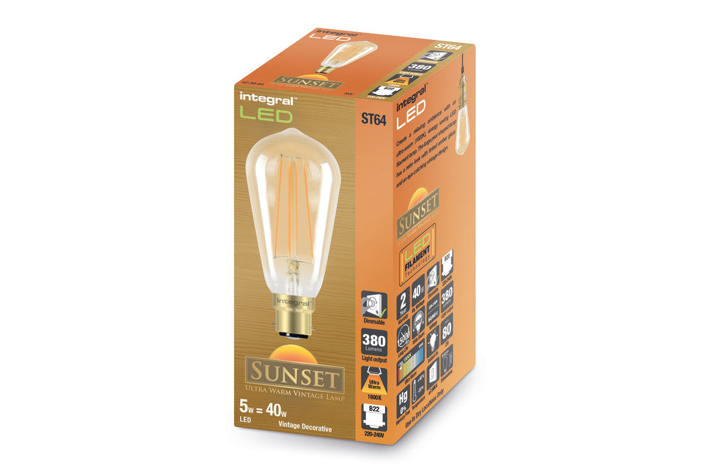 SUNSET ST64 BULB B22 380LM 5W 1800K DIMMABLE 300 BEAM AMBER